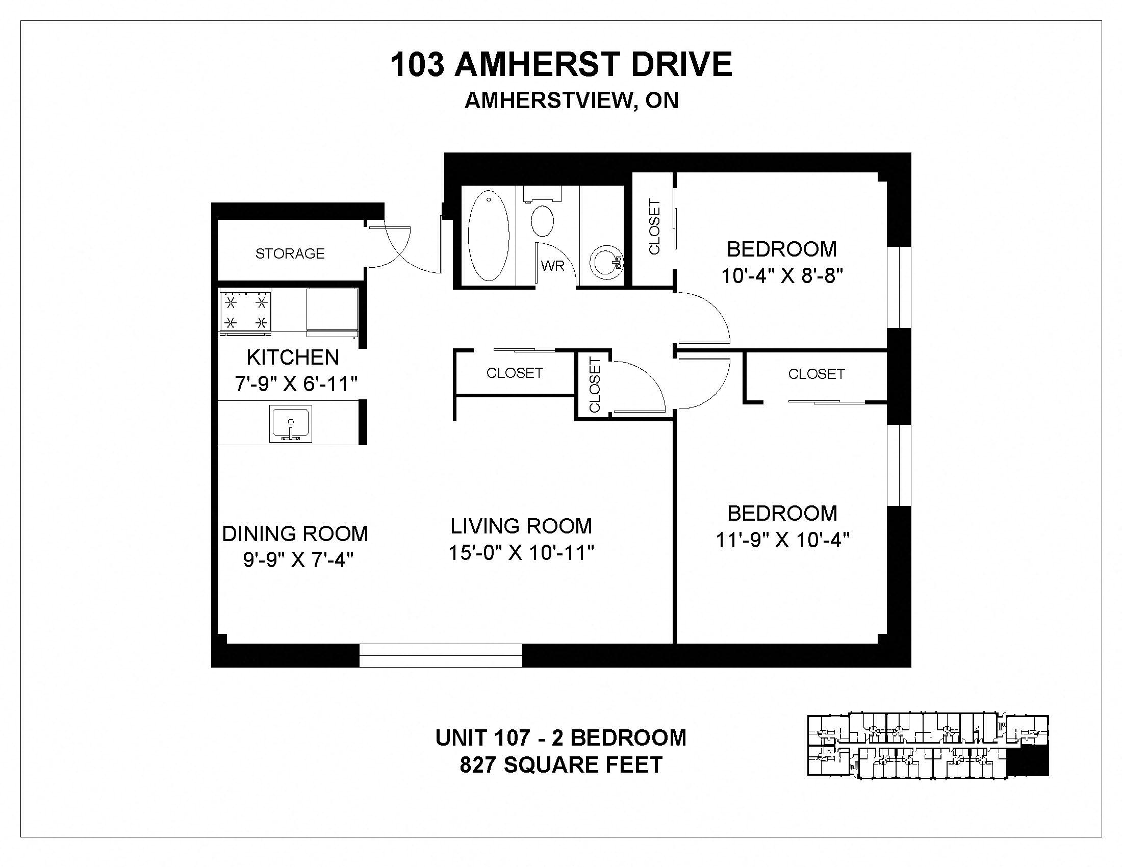 Floor plan for 2 beds, 1 bath, 827 sqft